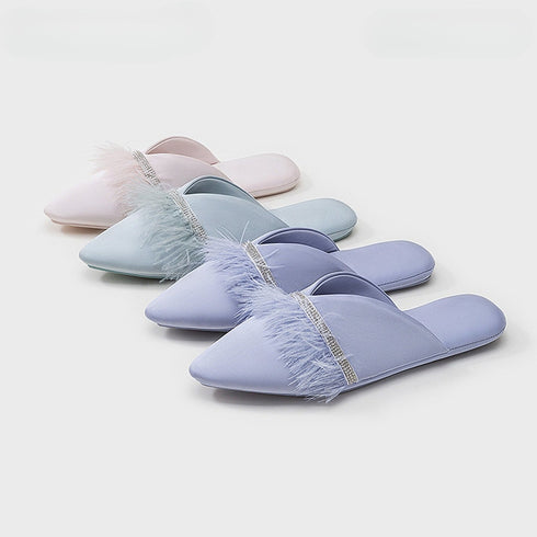 Chic Satin Feather Rhinestone Slides