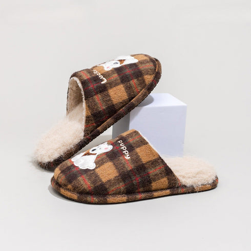 Plaid Puppy Embroidered Warm Slippers
