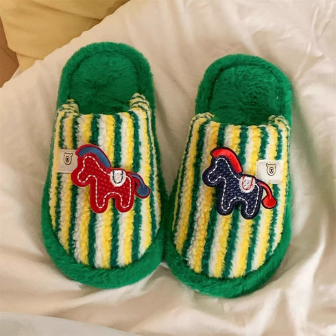 Striped Horse Patch Plush Slippers