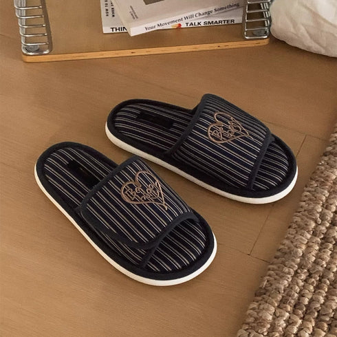 Retro Striped Heart Embroidery Slides