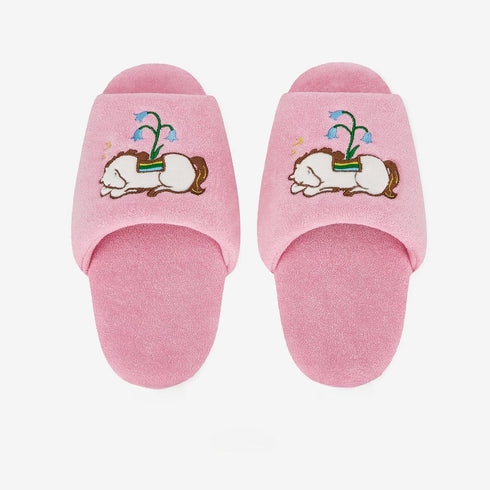 Sleeping Pony Floral Embroidered Slides
