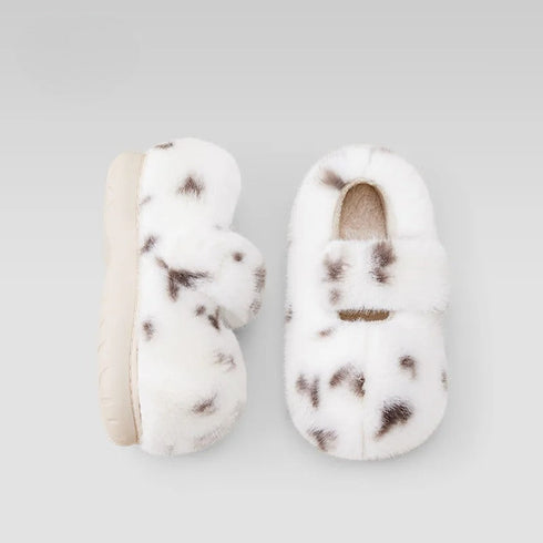 Fuzzy Spotted Mary Jane Slippers