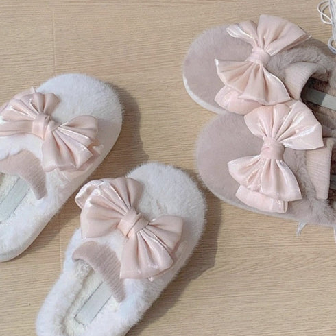 Oversized Bow Plush Home Slippers