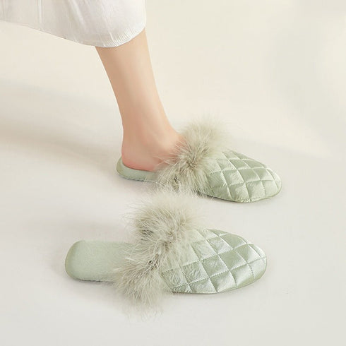 Feather-Pom Quilted Lounge Slippers