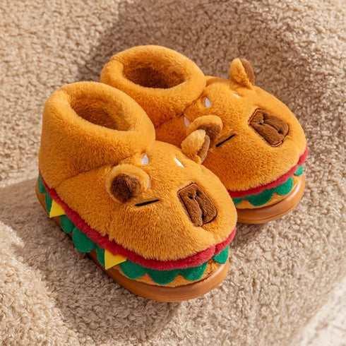 Whimsical Capybara Burger Plush Slippers