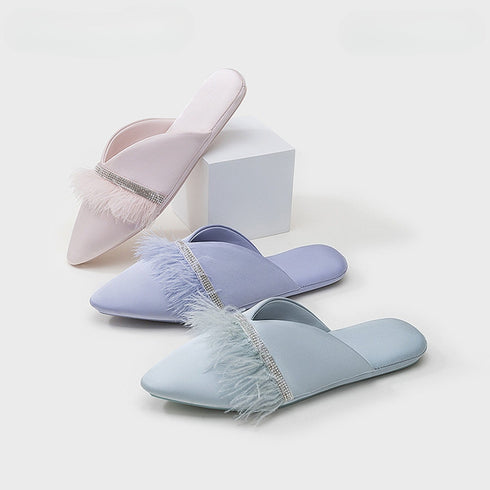 Chic Satin Feather Rhinestone Slides