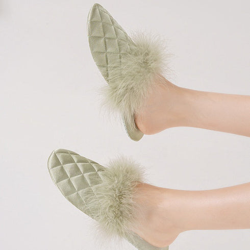 Feather-Pom Quilted Lounge Slippers