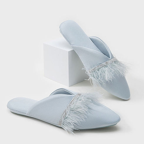 Chic Satin Feather Rhinestone Slides