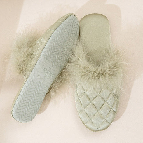 Feather-Pom Quilted Lounge Slippers
