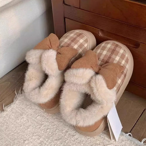 Plaid Bows Cozy Plush Slippers