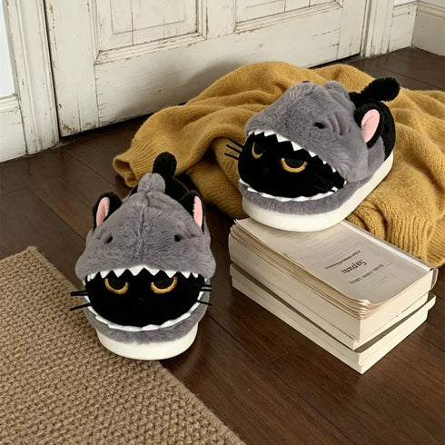 Shark Devouring Cat Plush Slippers