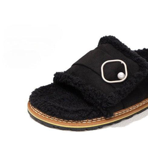 Pearl Buckle Fuzzy Warm Slides