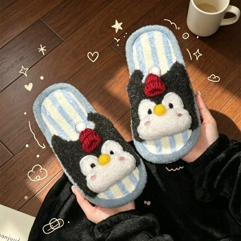 Striped Penguin Beanie Plush Slippers