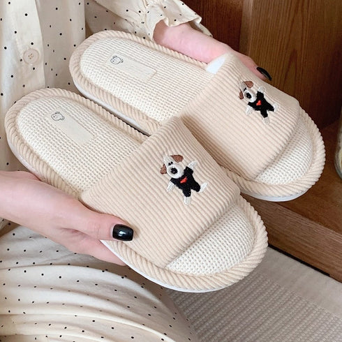 Dog-Embroidered Corduroy Home Slides