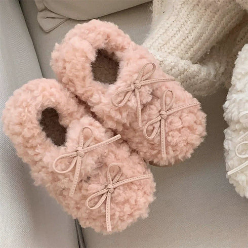 Bow-Tie Plush Platform Slippers