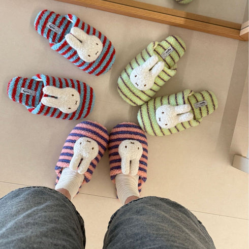 Striped Bunny Face Fleece Slippers