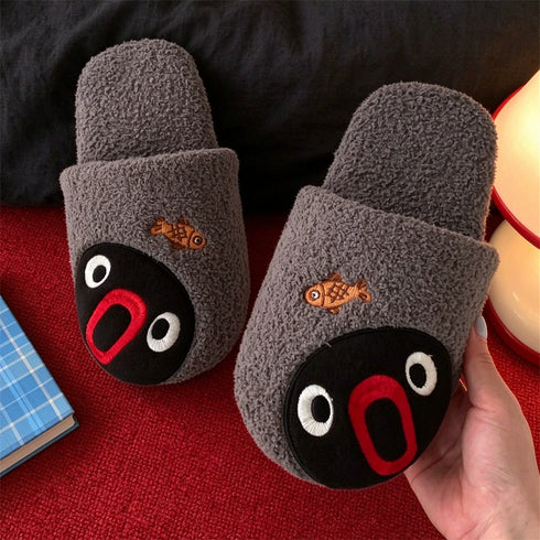 Surprised Penguin Fish Fleece Slippers