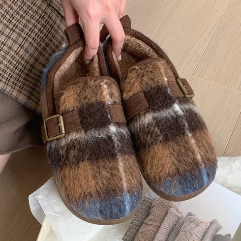Fuzzy Plaid Buckle Clogs