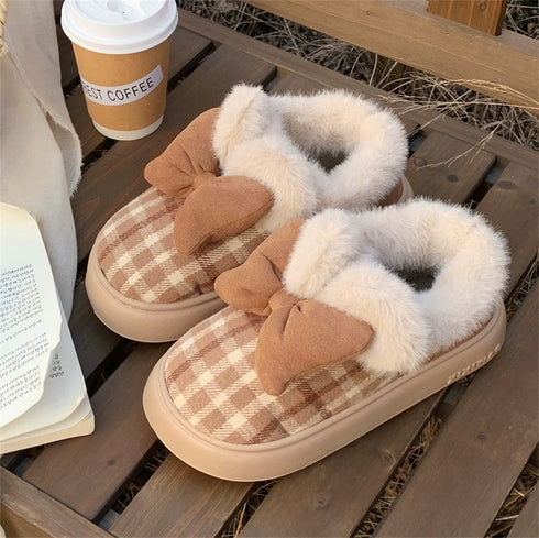 Plaid Bows Cozy Plush Slippers