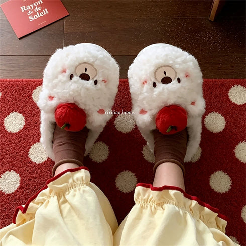 Apple Bear Plush House Slippers