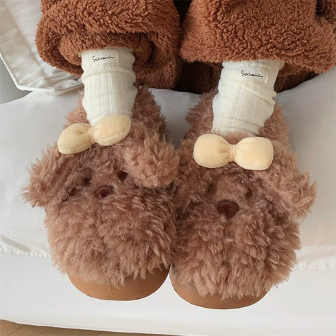 Plush Puppy Bow Home Slippers