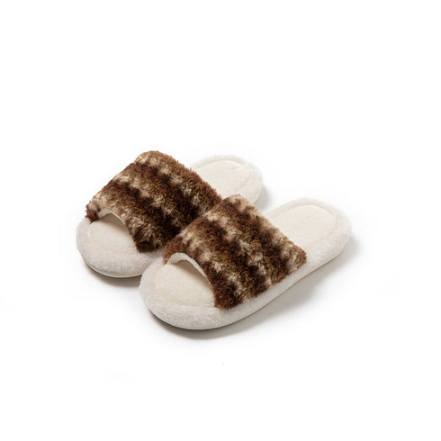 Striped Fuzzy Open-Toe Slippers