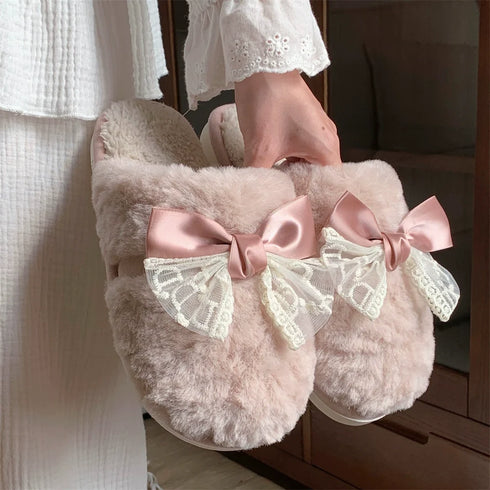 Sheer Lace Bow Plush Slippers