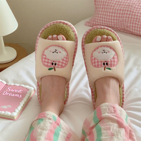 Gingham Apple Pup Plush Slippers