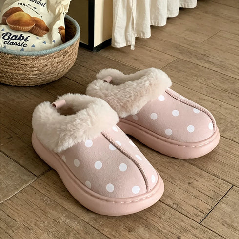 Polka Dot Fuzzy Platform Slippers