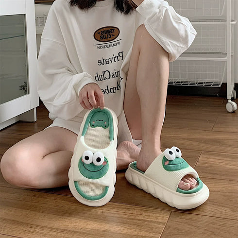 Playful Frog Face Linen Slides