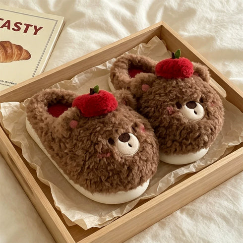 Apple Bear Plush House Slippers