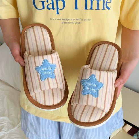 Striped Star Patch Linen Slippers