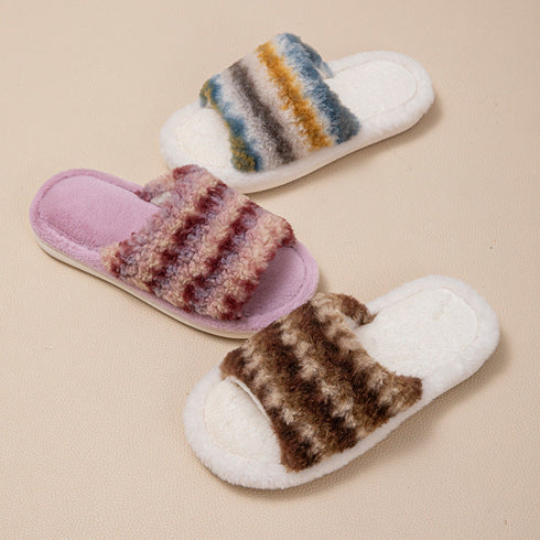 Striped Fuzzy Open-Toe Slippers