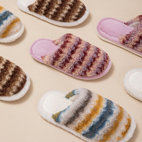Textured Stripe Plush Home Slippers