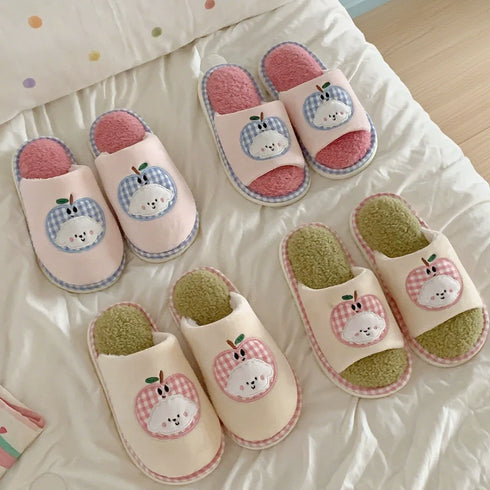 Gingham Apple Pup Plush Slippers