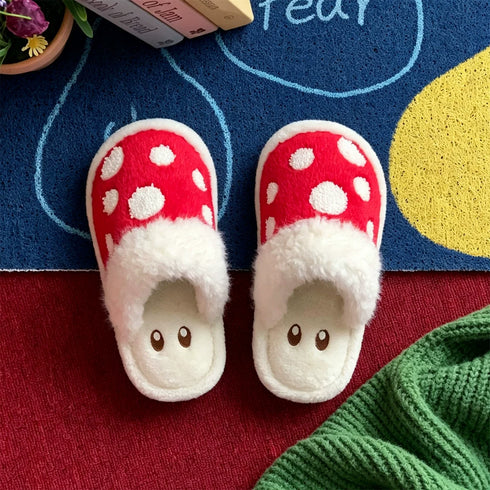 Polka Dot Mushroom Plush Slippers