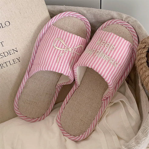 Striped Bow Linen Home Slides