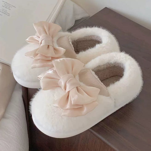 Oversized Bow Plush Home Slippers