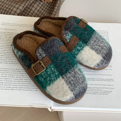 Fuzzy Plaid Buckle Clogs