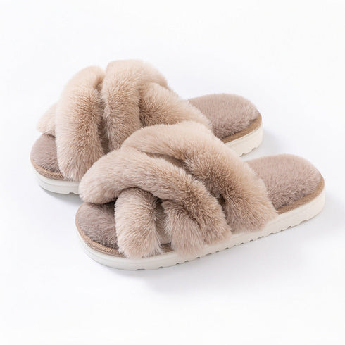 Plush Crisscross Open-Toe Slippers