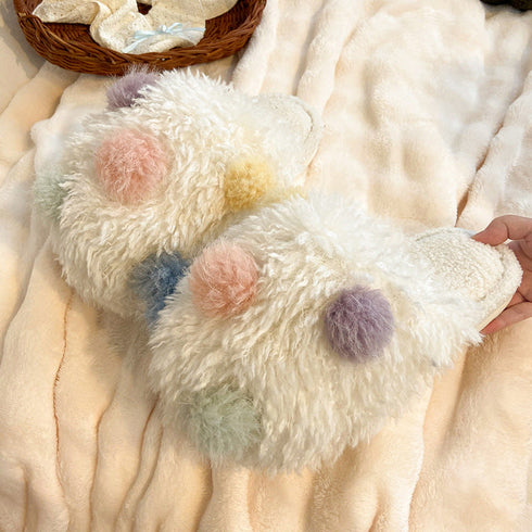 Fuzzy Pom Pom Dot Slippers