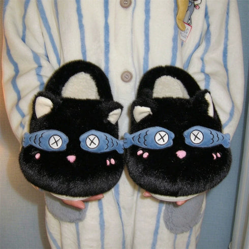 Snoozing Fish Mask Cat Slippers