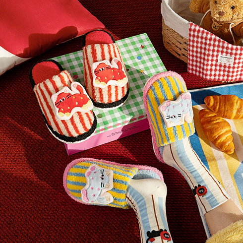 Whimsical Kitty Striped Plush Slippers