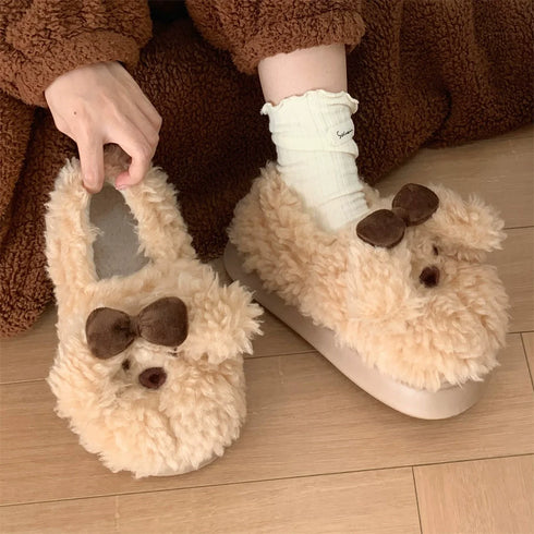 Plush Puppy Bow Home Slippers