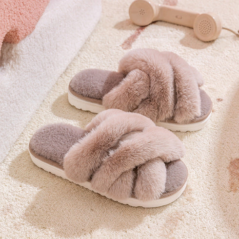 Plush Crisscross Open-Toe Slippers