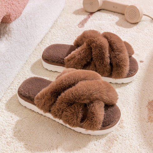 Plush Crisscross Open-Toe Slippers