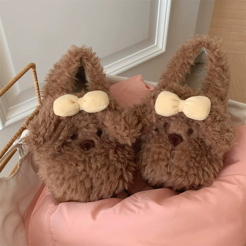 Plush Puppy Bow Home Slippers