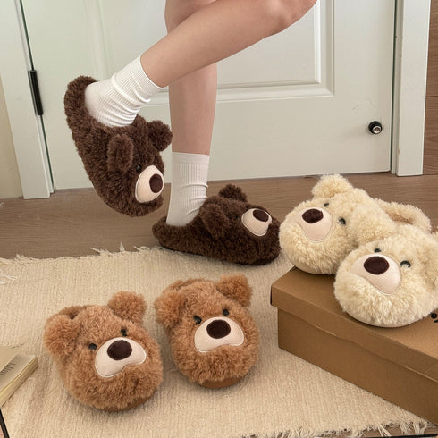 Fuzzy Teddy Bear Face Slippers