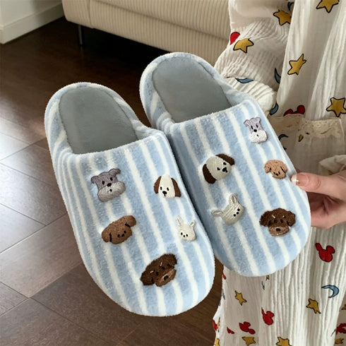 Striped Puppy Embroidered House Slippers