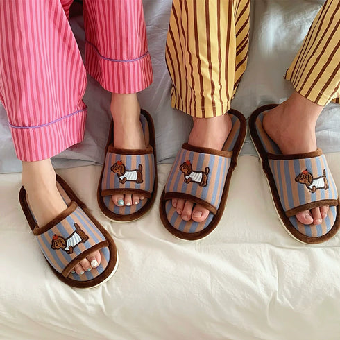 Playful Puppy Striped Cotton Slides